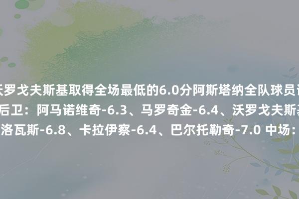 沃罗戈夫斯基取得全场最低的6.0分阿斯塔纳全队球员评分 门将：塞伊森-7.8 后卫：阿马诺维奇-6.3、马罗奇金-6.4、沃罗戈夫斯基-6.0、卡茹科洛瓦斯-6.8、卡拉伊察-6.4、巴尔托勒奇-7.0 中场：奥塞-6.5、恩戈梅-6.8 前卫：卡里莫夫-6.6、奥斯曼-卡马拉-6.1、托马索夫-7.4、奇内杜-7.0切尔西全队球员评分 门将：菲利普-约恩森-6.7 后卫：雷纳托-韦加-8.0、乔