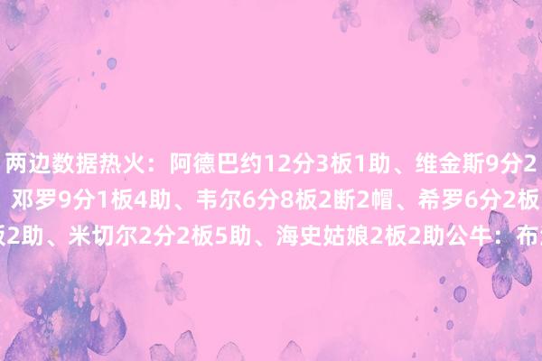 两边数据热火：阿德巴约12分3板1助、维金斯9分2板、罗都尔9分2板2断、邓罗9分1板4助、韦尔6分8板2断2帽、希罗6分2板1助2帽、哈克斯2分4板2助、米切尔2分2板5助、海史姑娘2板2助公牛：布泽利斯11分5板1助、科林斯10分8板1助、基迪10分4板5助、许尔特6分2板、怀特4分2板2助、特里3分、特雷-琼斯2分1板1助、杰伦-史姑娘2分、塔克2板2助    体育录像/图片