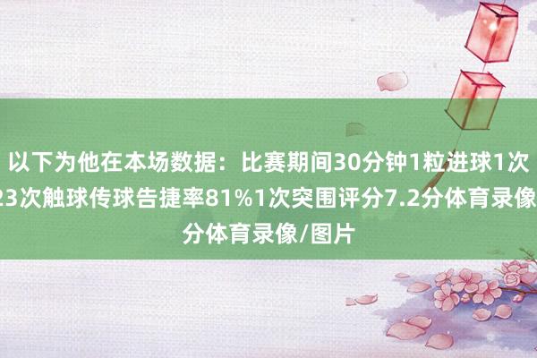 以下为他在本场数据：比赛期间30分钟1粒进球1次射门23次触球传球告捷率81%1次突围评分7.2分体育录像/图片
