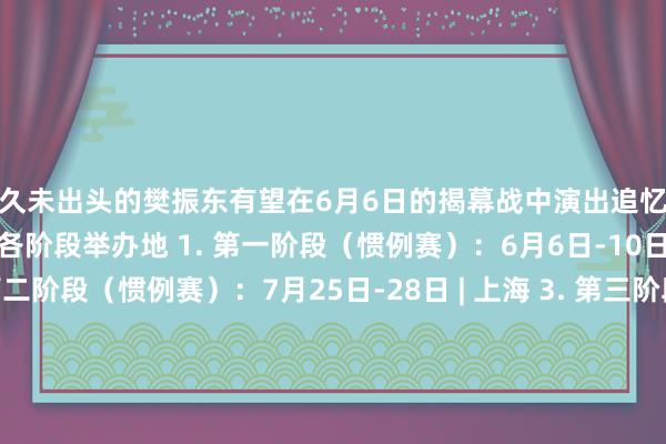 久未出头的樊振东有望在6月6日的揭幕战中演出追忆首秀！ 当今网传各阶段举办地 1. 第一阶段（惯例赛）：6月6日-10日 | 杭州 2. 第二阶段（惯例赛）：7月25日-28日 | 上海 3. 第三阶段（惯例赛）：8月29日-9月1日 | 长沙 4. 最终总决赛：12月26日-28日 | 济南 参赛声势方面 🕺🏻男单拟邀选手 主力声势：樊振东、马龙、王楚钦、林高远、梁靖崑、林诗栋 等💃🏻女单拟邀选