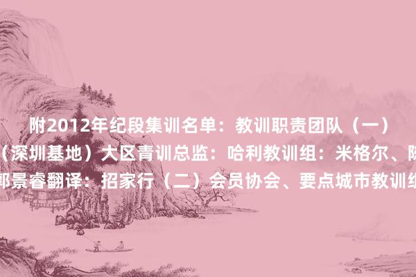 附2012年纪段集训名单：教训职责团队（一）中国足协大区青训中心（深圳基地）大区青训总监：哈利教训组：米格尔、陈家盛惩办：殷健淋、郭景睿翻译：招家行（二）会员协会、要点城市教训组：黄河（湖南）、刘宇翔（广西）、李洋（深圳）、唐德超（广东）、王超（广州）、王凌波（湖南）、谢锐（梅州）、尹强（湖南）技巧分析：陈超、蓝功旭队医：刘志坚、吴佳人队务：邝宣任、王宝兴（三）中国足协周想豪、金建民参训球员（一）